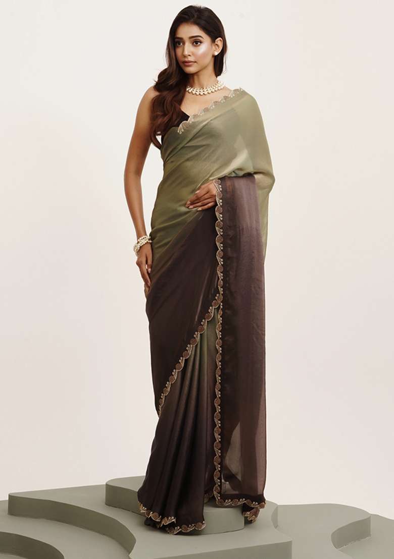 Grey Embroidered Satin Saree Set - Indya