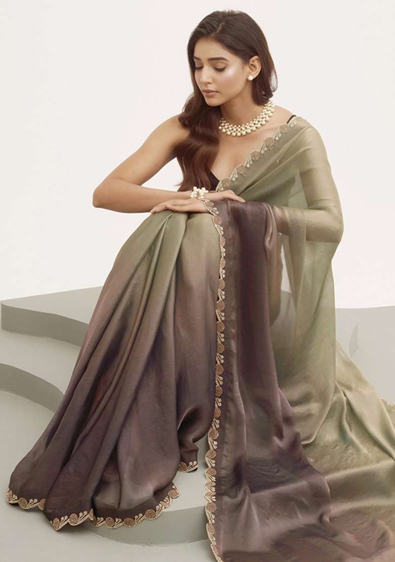 Grey Embroidered Satin Saree Set - Indya