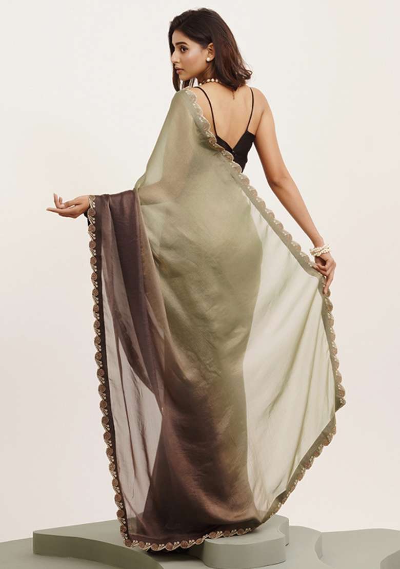 Grey Embroidered Satin Saree Set - Indya