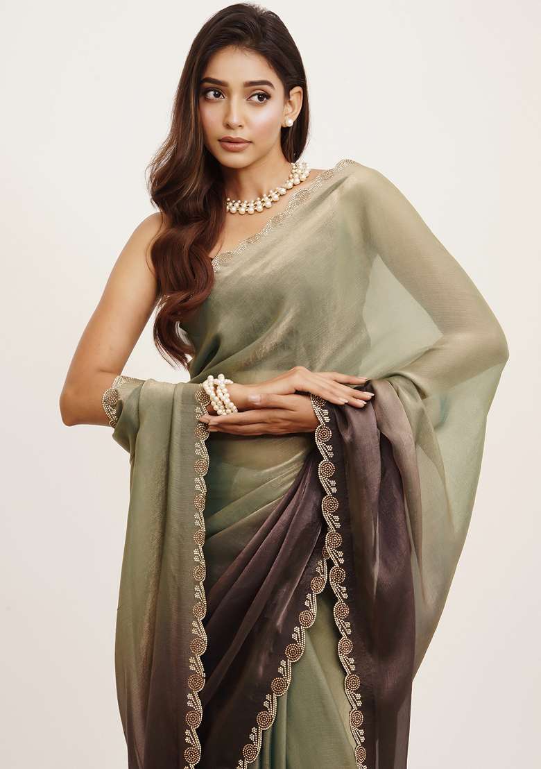 Grey Embroidered Satin Saree Set - Indya