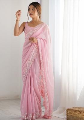 Pink Embroidered Georgette Saree Set