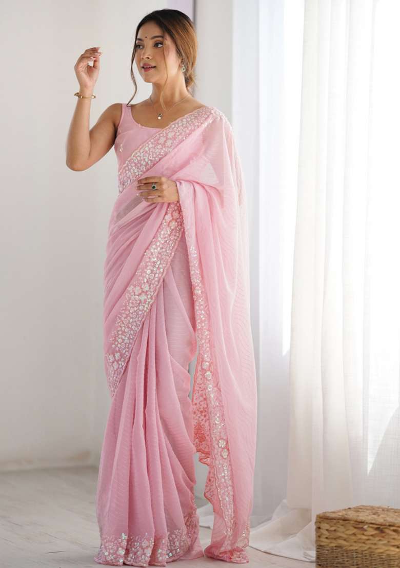 Pink Embroidered Georgette Saree Set - Indya