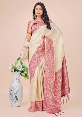 Beige Embroidered Silk Saree Set
