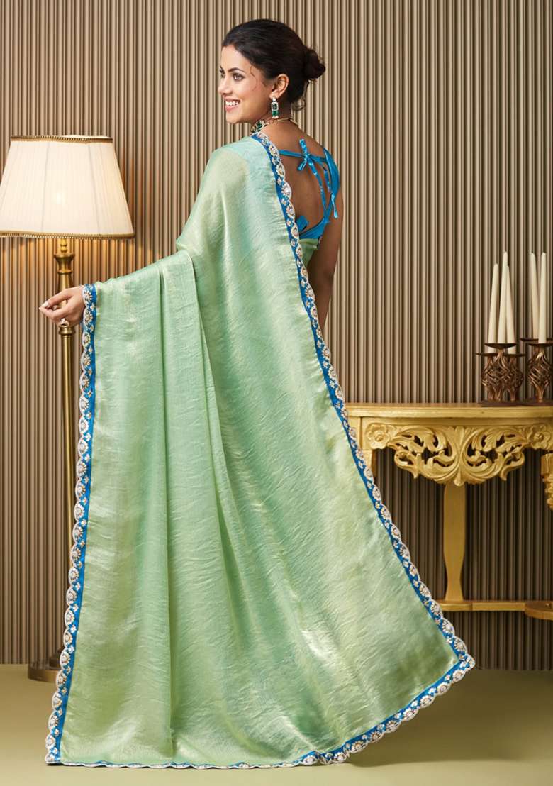Green Embroidered Chiffon Saree Set - Indya