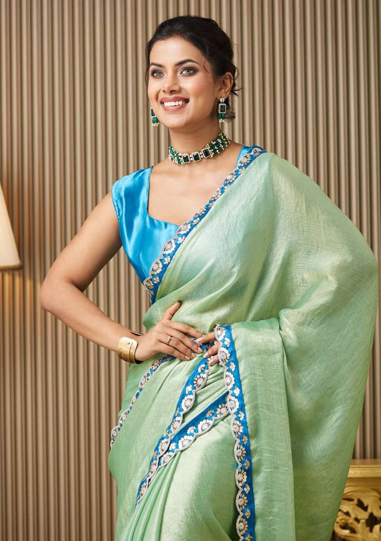 Green Embroidered Chiffon Saree Set - Indya