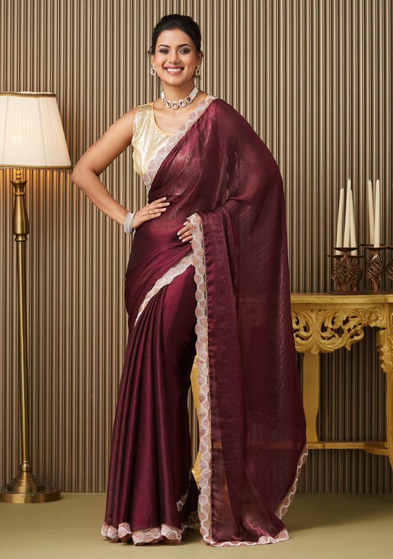Maroon Embroidered Chiffon Saree Set
