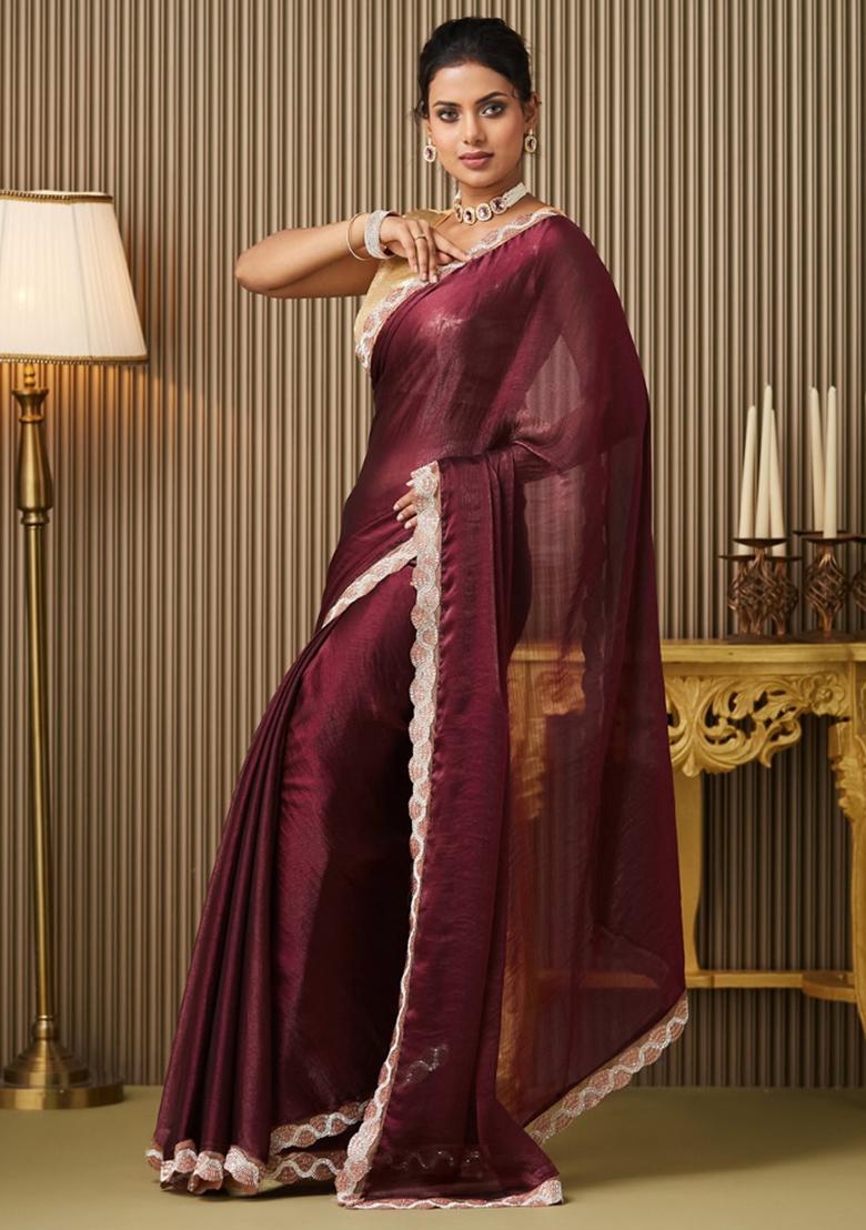 Maroon Embroidered Chiffon Saree Set