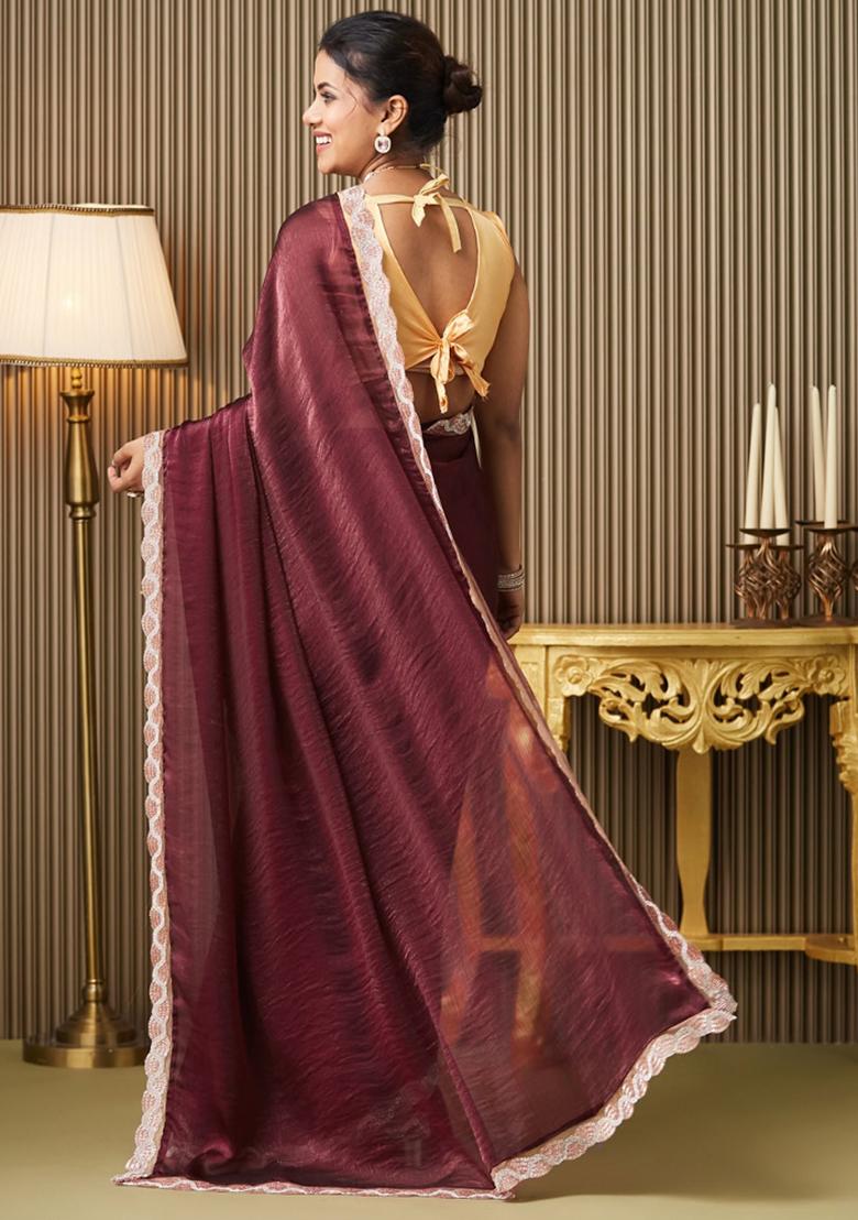 Maroon Embroidered Chiffon Saree Set