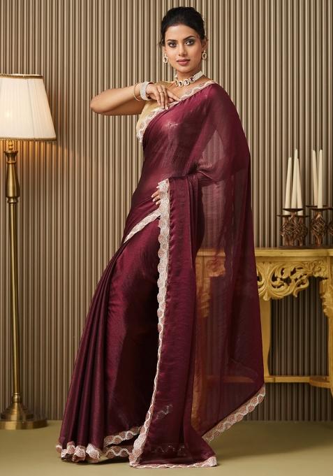 Maroon Embroidered Chiffon Saree Set