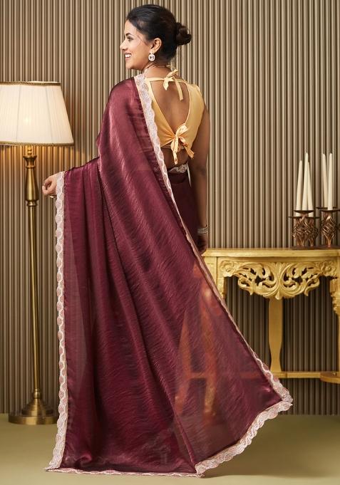 Maroon Embroidered Chiffon Saree Set
