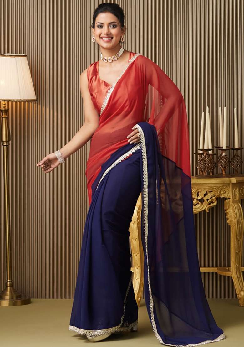 Blue Embroidered Chiffon Saree Set - Indya