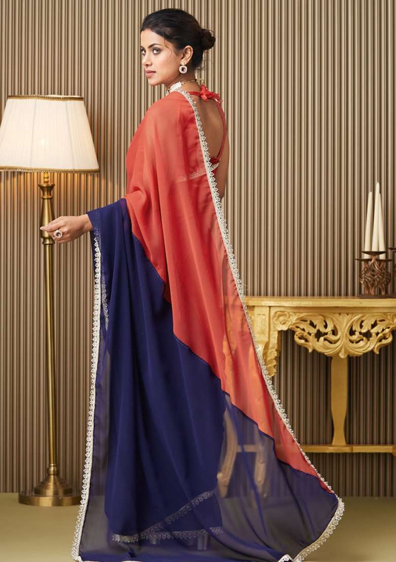 Blue Embroidered Chiffon Saree Set - Indya