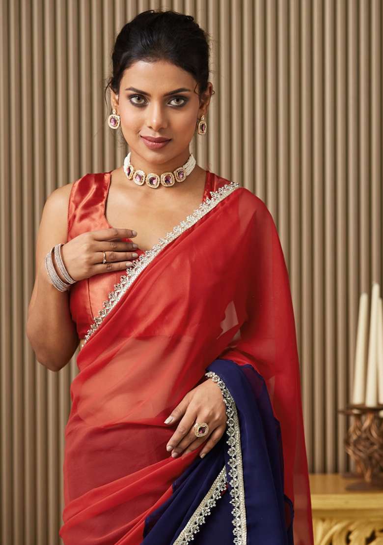 Blue Embroidered Chiffon Saree Set - Indya