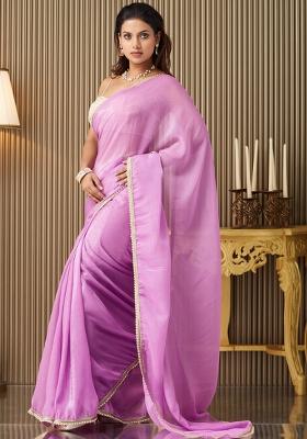 Purple Embroidered Chiffon Saree Set