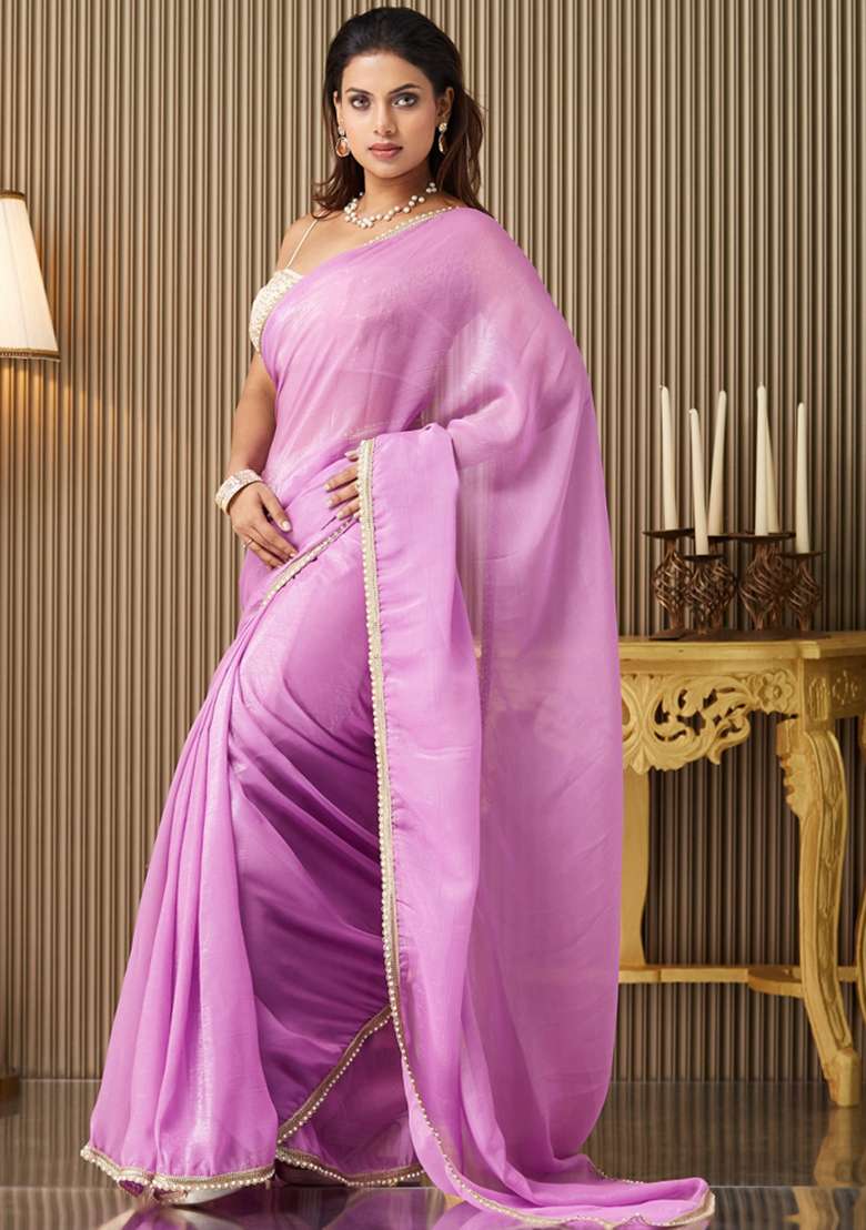Purple Embroidered Chiffon Saree Set - Indya