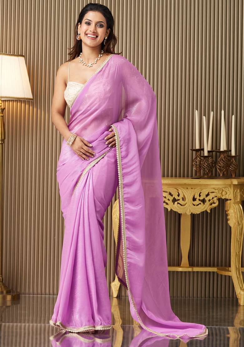 Purple Embroidered Chiffon Saree Set - Indya