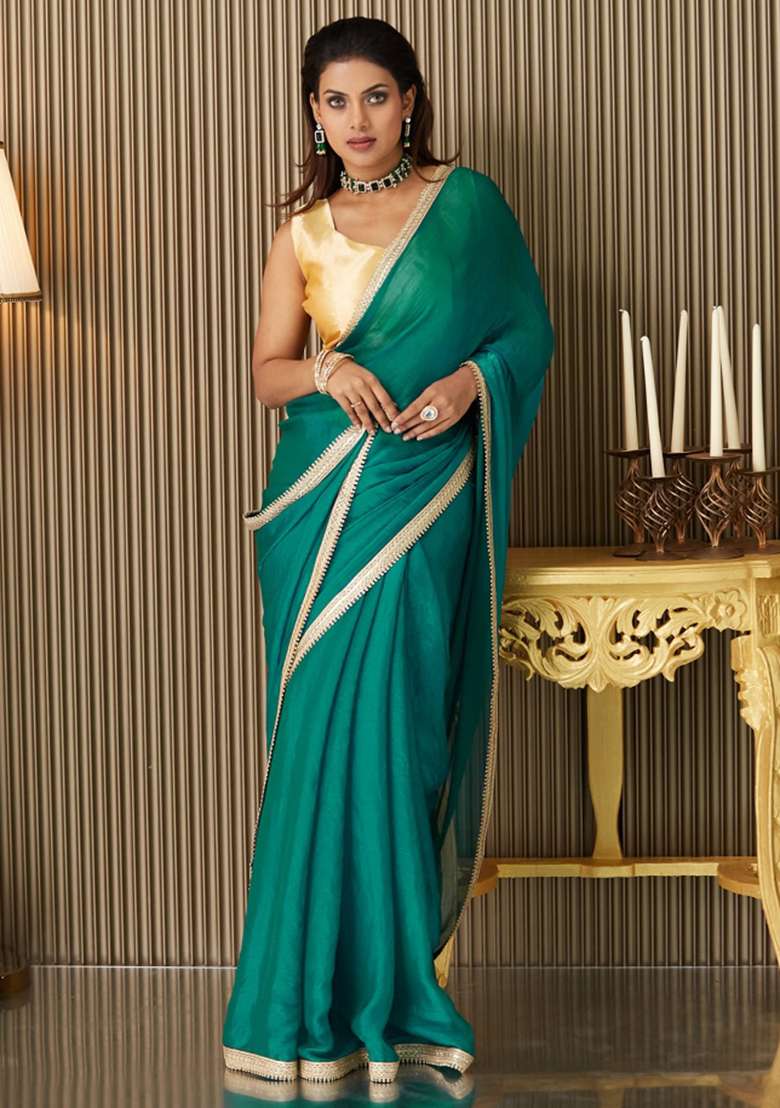 Blue Embroidered Chiffon Saree Set - Indya