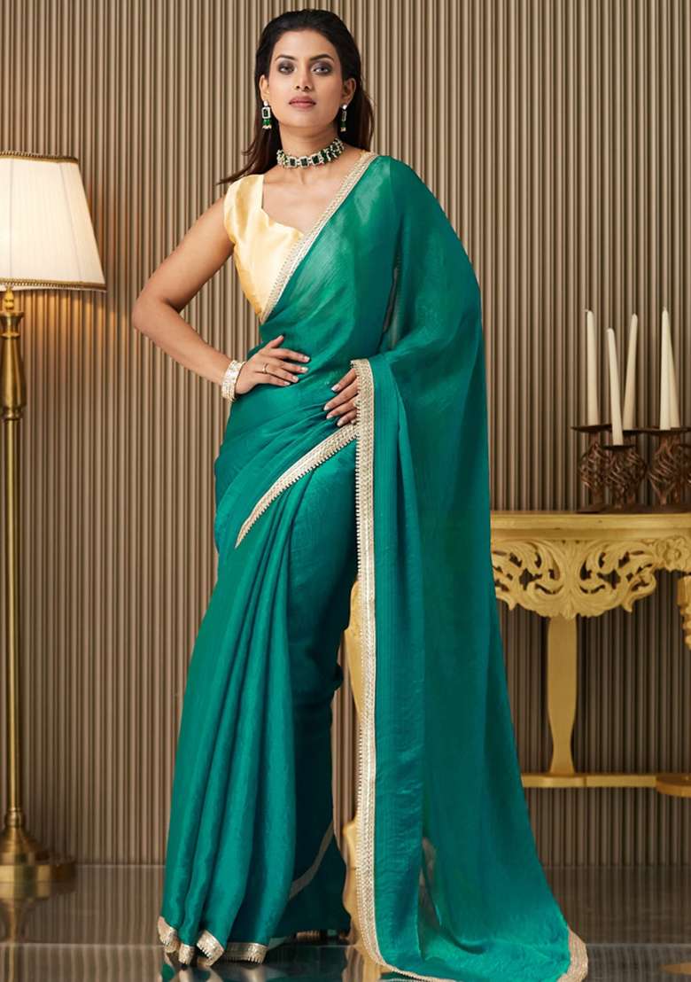 Blue Embroidered Chiffon Saree Set - Indya