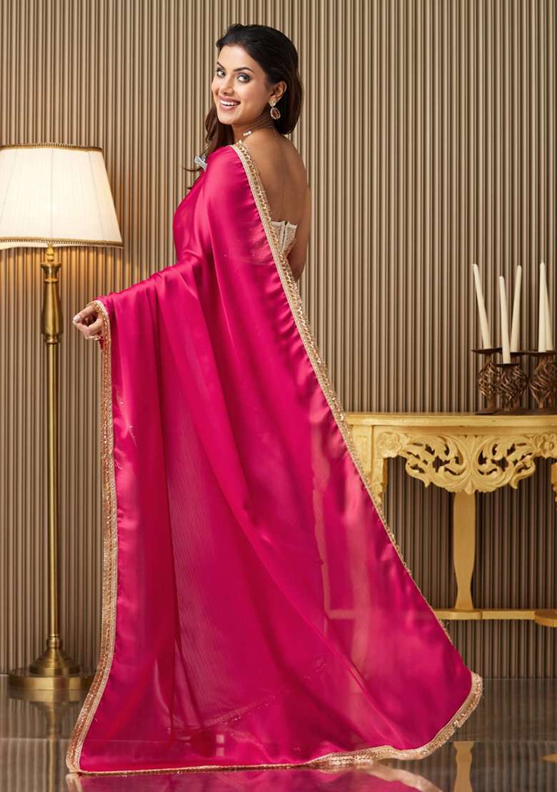 Pink Embroidered Chiffon Saree Set - Indya