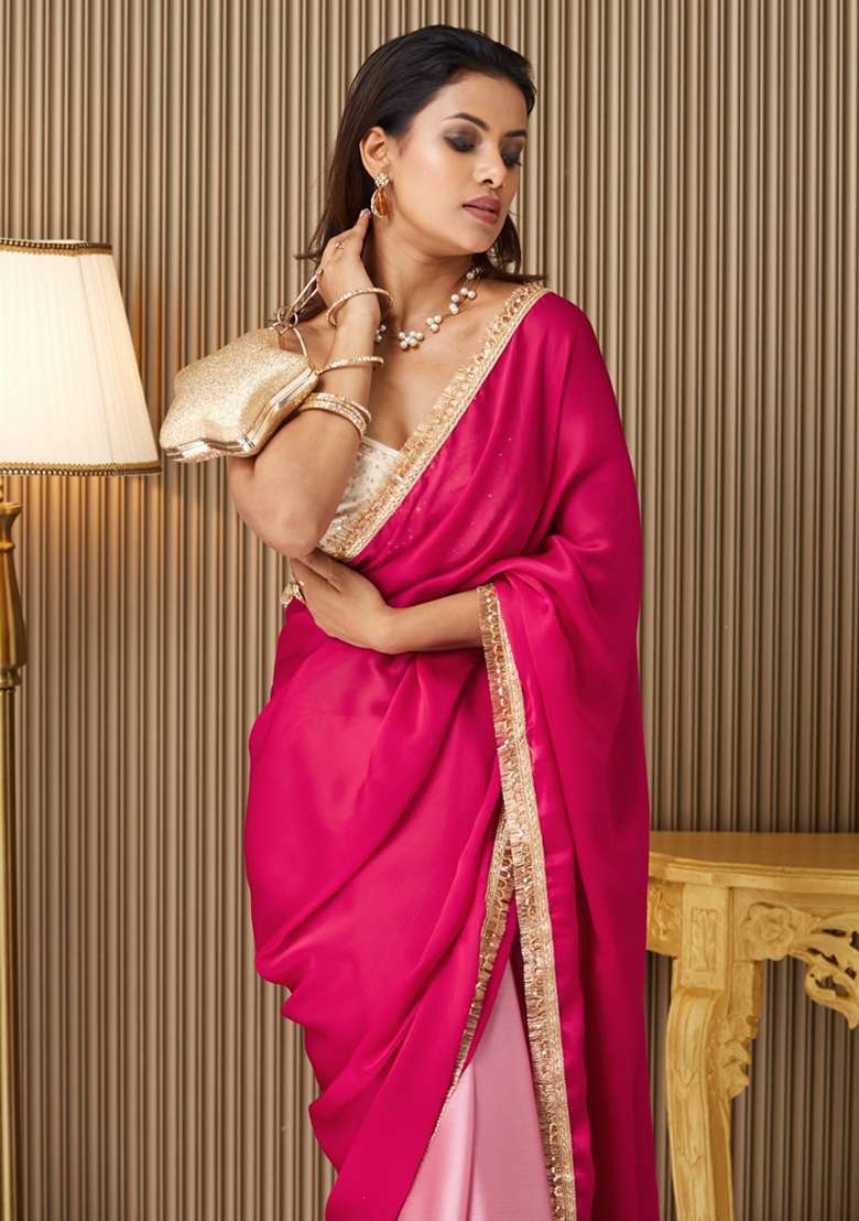 Pink Embroidered Chiffon Saree Set - Indya