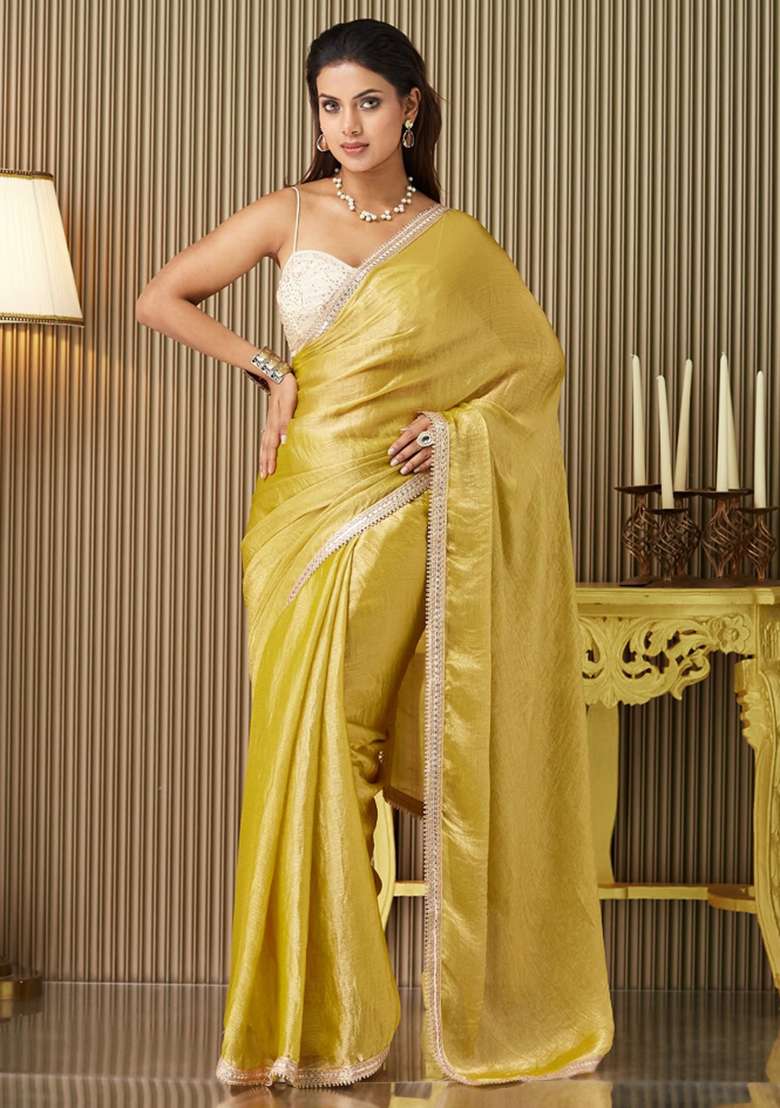 Gold Embroidered Chiffon Saree Set - Indya