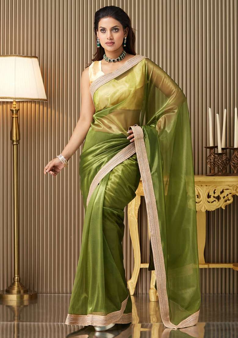 Green Embroidered Net Saree Set - Indya
