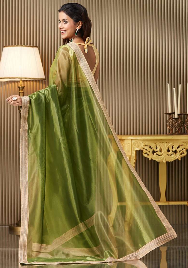 Green Embroidered Net Saree Set - Indya