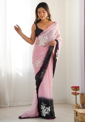 Pink Embroidered Georgette Saree Set