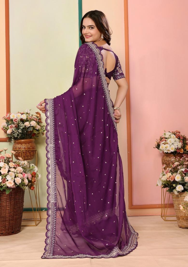Wine Embroidered Organza Saree Set