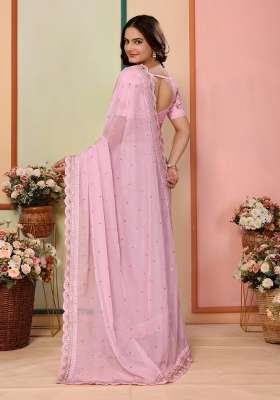 Pink Embroidered Organza Saree Set - Indya