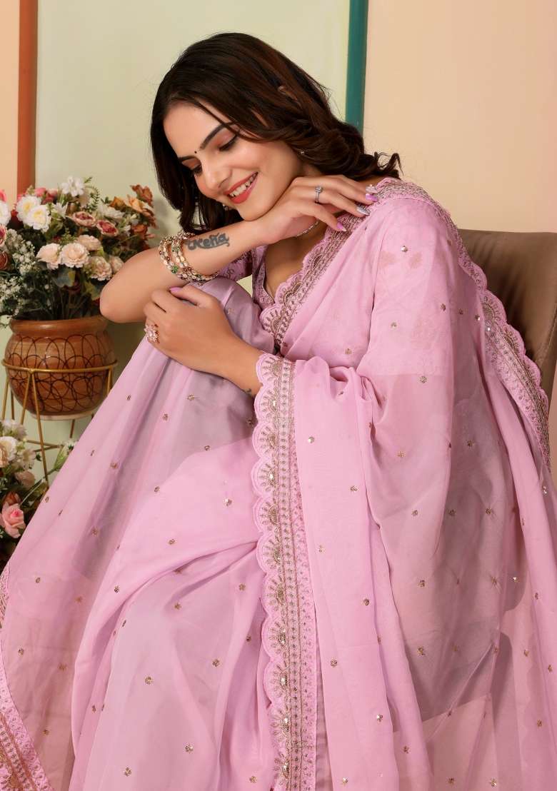 Pink Embroidered Organza Saree Set - Indya