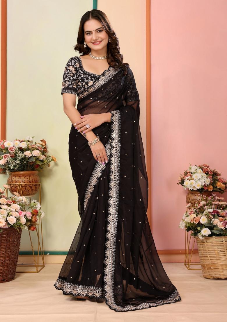 Black Embroidered Organza Saree Set
