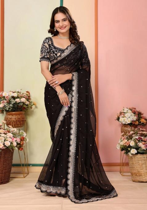 Black Embroidered Organza Saree Set