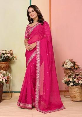 Pink Embroidered Organza Saree Set