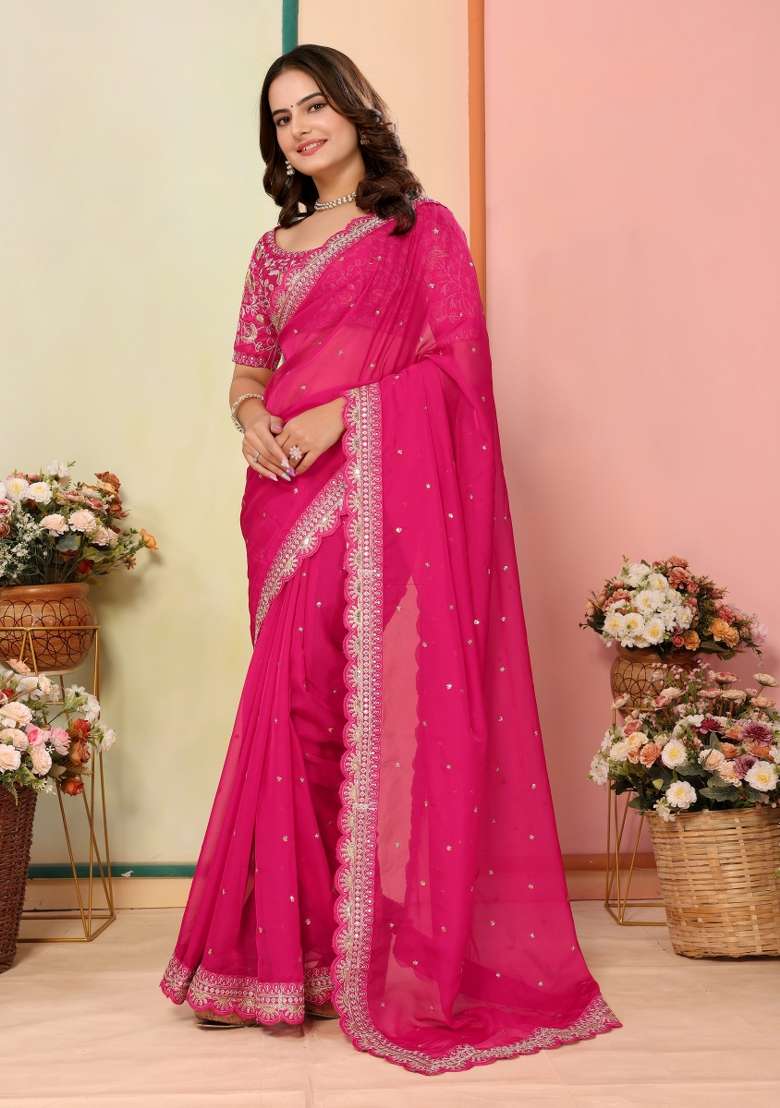 Pink Embroidered Organza Saree Set - Indya