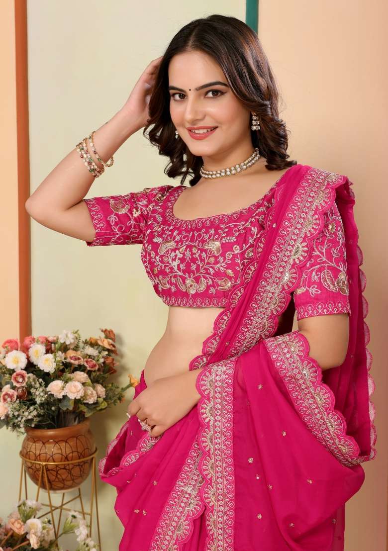 Pink Embroidered Organza Saree Set - Indya
