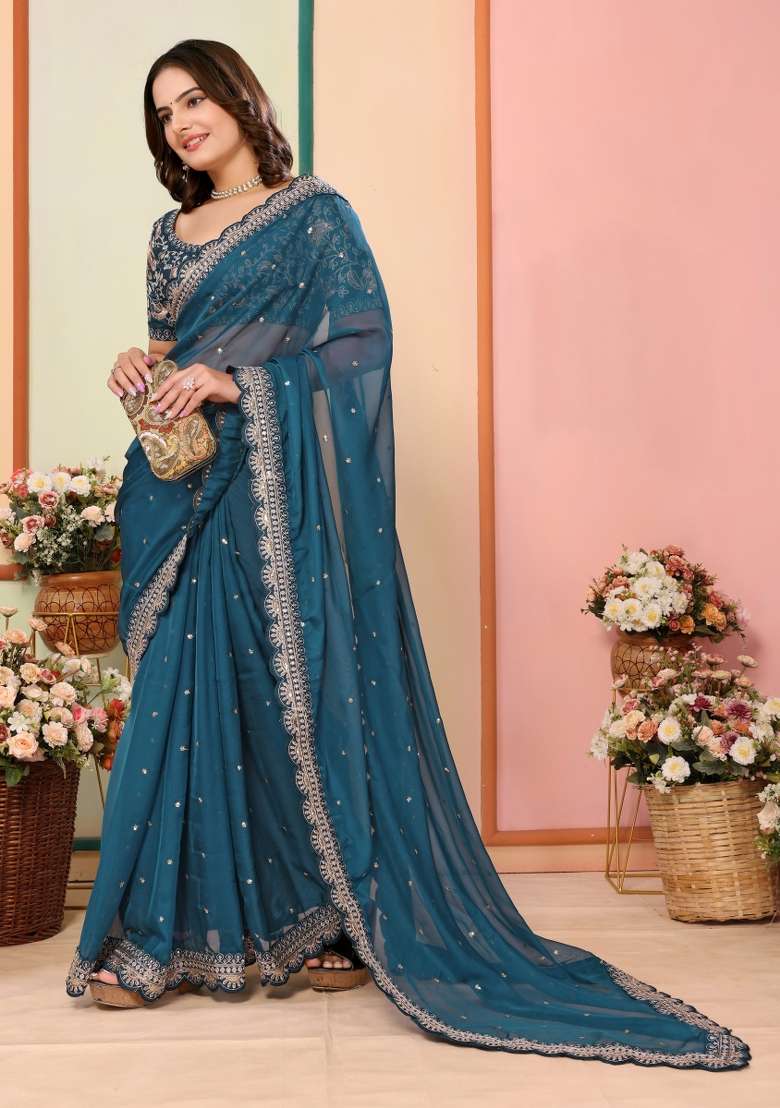 Blue Embroidered Organza Saree Set - Indya