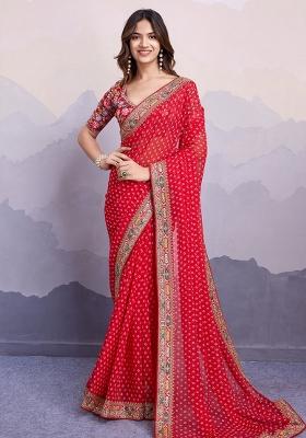 Red Embroidered Georgette Saree Set