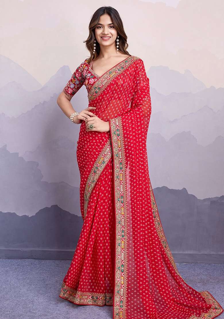 Red Embroidered Georgette Saree Set - Indya