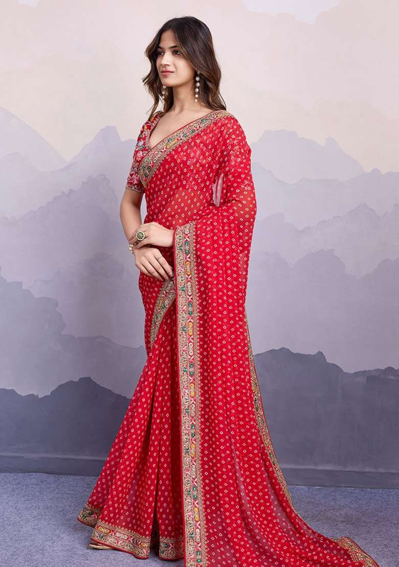 Red Embroidered Georgette Saree Set - Indya