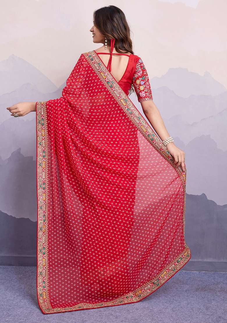 Red Embroidered Georgette Saree Set - Indya