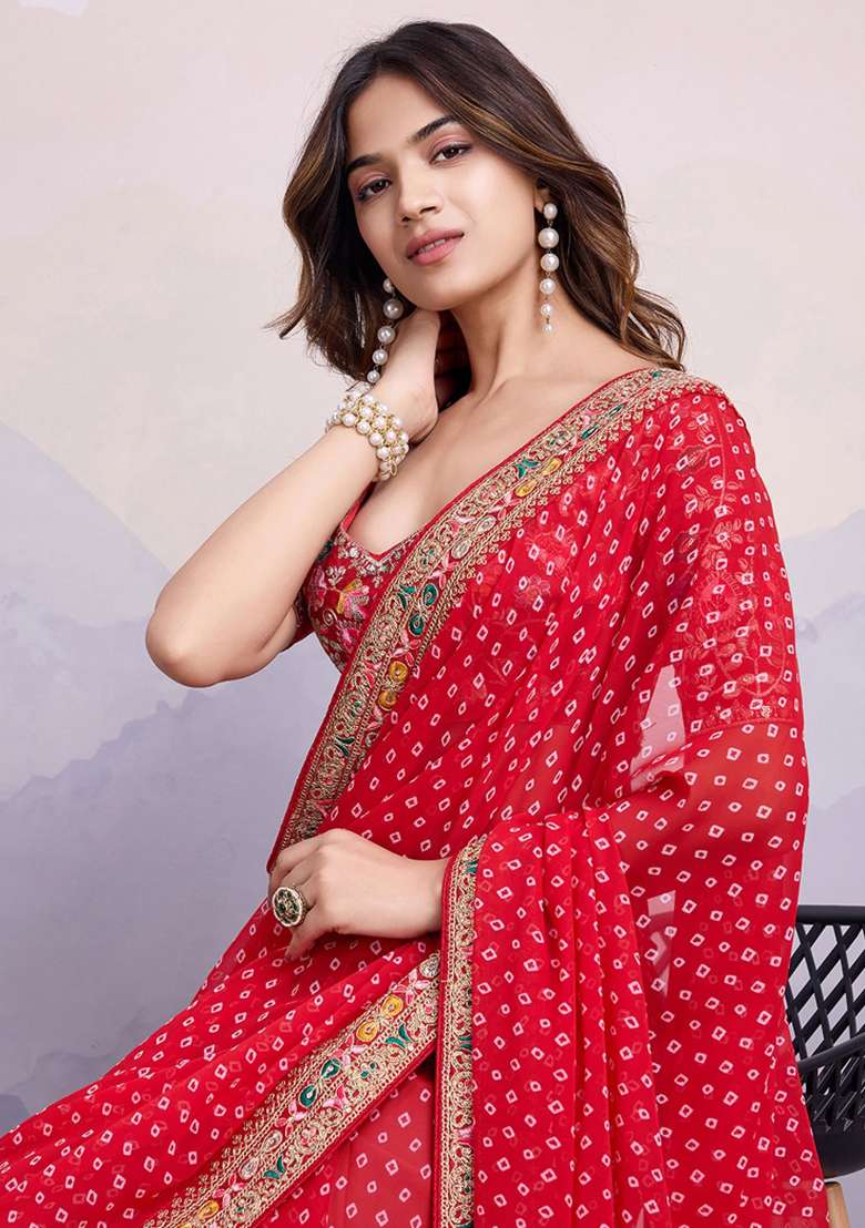 Red Embroidered Georgette Saree Set - Indya