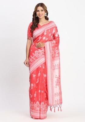 Red Embroidered Cotton Saree Set