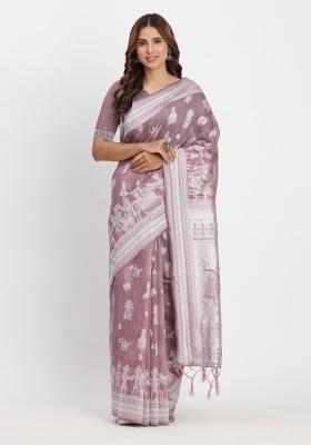 Purple Embroidered Cotton Saree Set