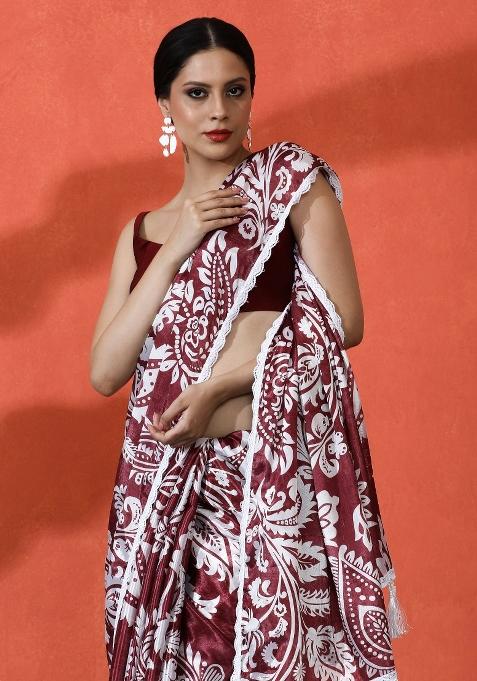 Wine Embroidered Chinon Saree Set