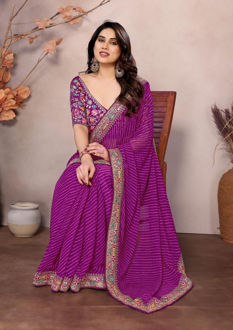 Purple Embroidered Georgette Saree Set