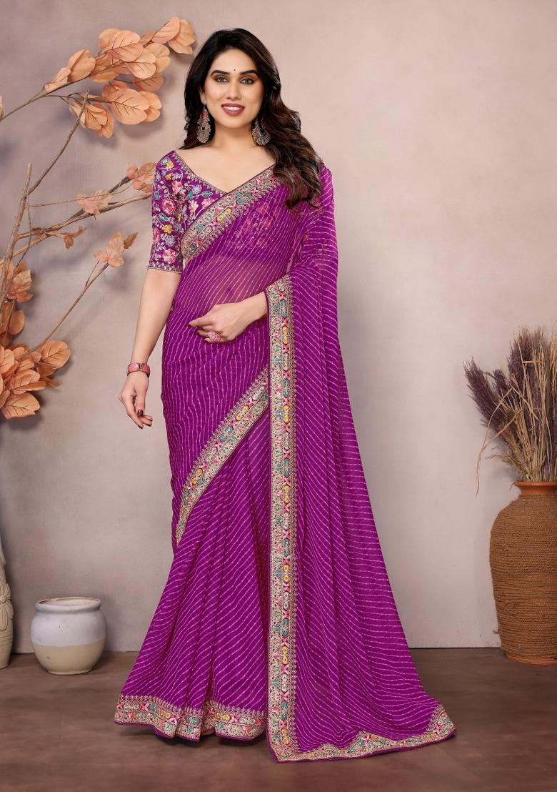 Purple Embroidered Georgette Saree Set