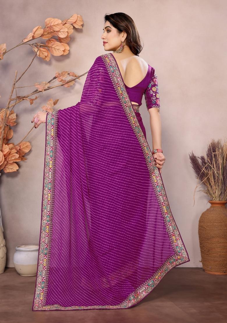 Purple Embroidered Georgette Saree Set