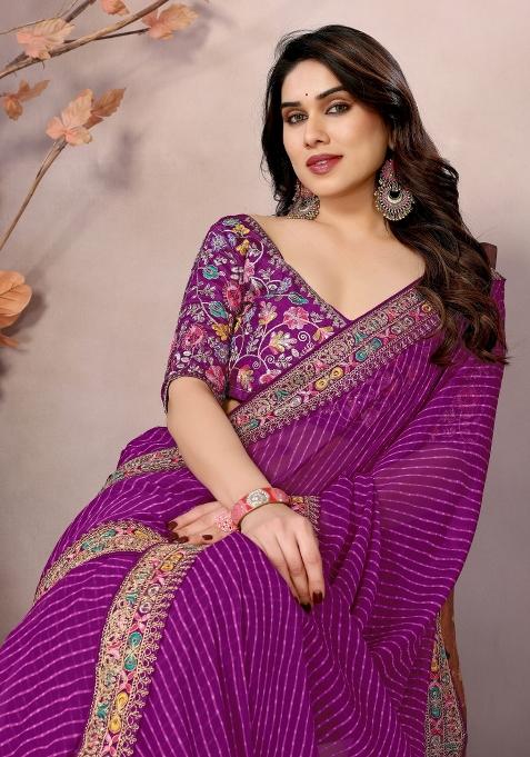 Purple Embroidered Georgette Saree Set