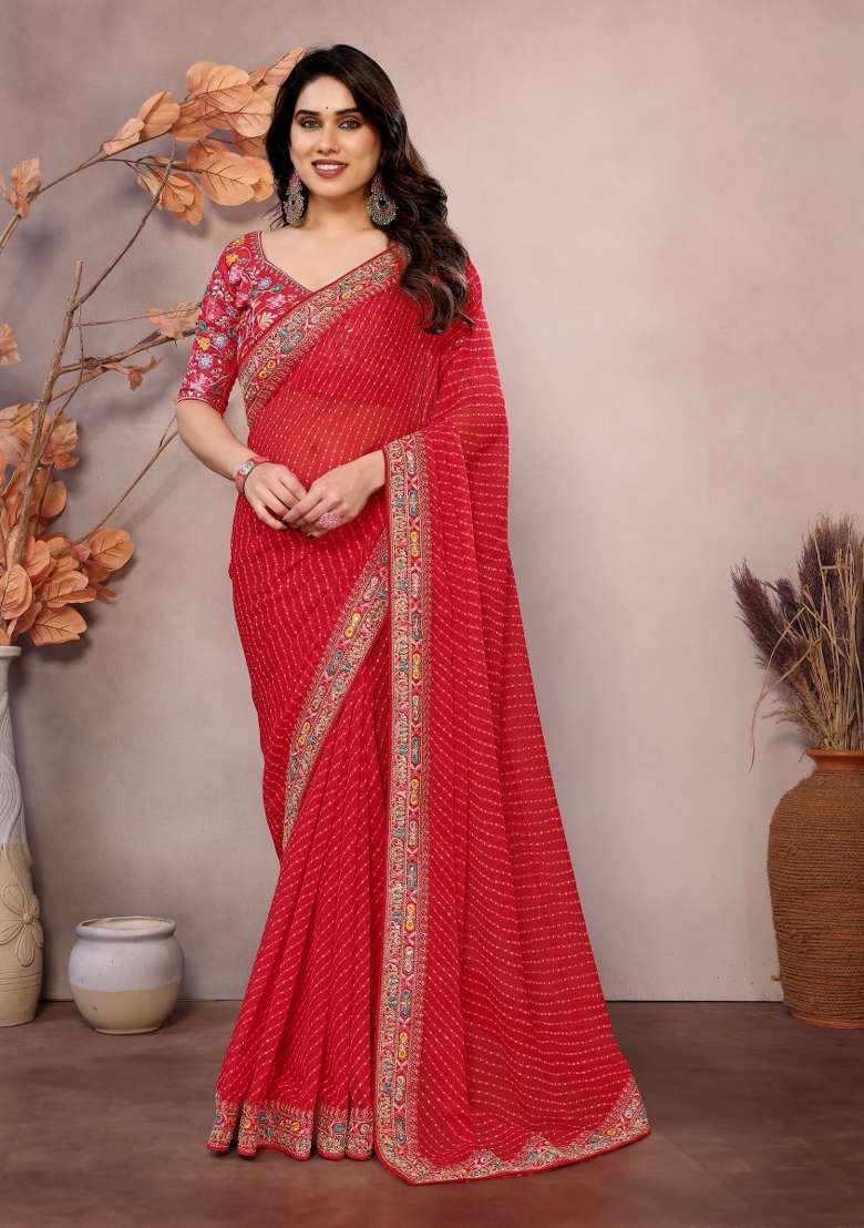 Maroon Embroidered Georgette Saree Set - Indya